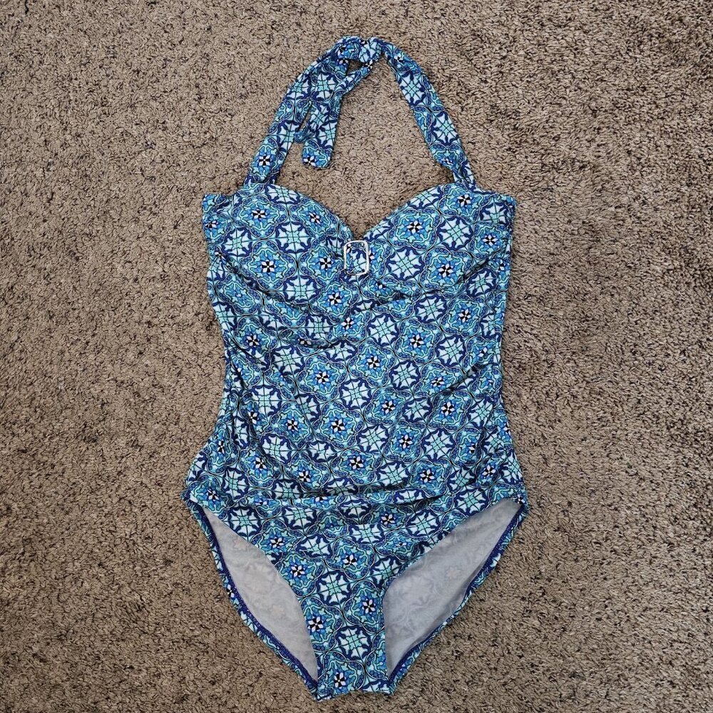 Spanx Love Your Assets Medallion Geo Turquoise Slimming One Piece Swimsuit L - Picture 2 of 12